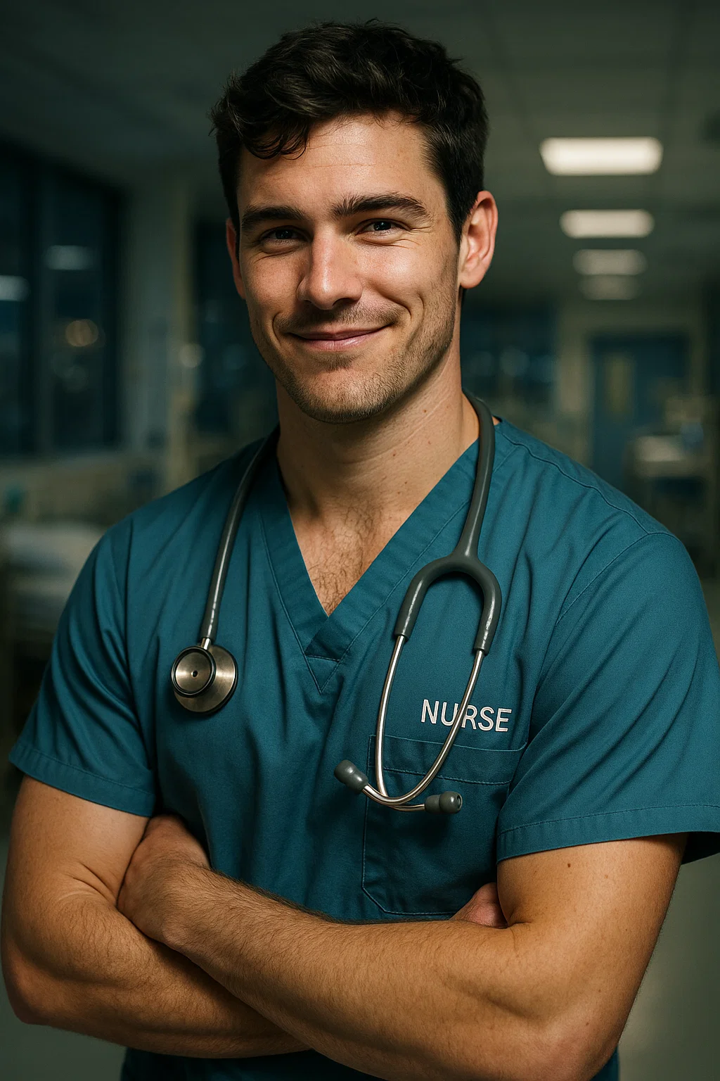A portrait shot of a 25-year-old, confident, playfully smirking Aussie male nurse in the ward of London hospital during a night shift.